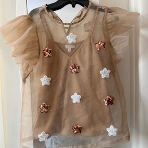 TCEL Sheer Star Blouse – Mesh Overlay with Sequin Stars – Size S